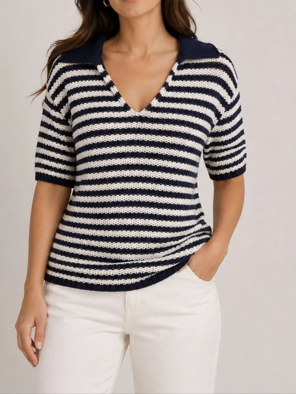 NWNT SONOMA Women's Striped Knit Polo Top - Navy and White Size 1X